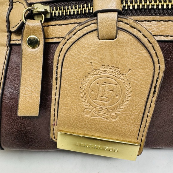 London Fog Two tone Faux Leather Satchel Brown Beige‎ Shoulder Bag - Picture 3 of 16